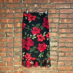 Black and Red Floral Midi Skirt